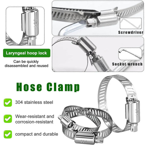 Close-up of 200-Piece 304 Stainless Steel Hose Clamp Kit With Thumb Screws showing worm gear clamps, labeled screwdriver, socket wrench.