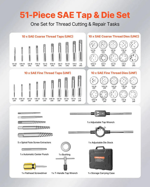 51-Piece SAE Tap And Die Set For Threading And Rethreading 1/4 To 1 Inch Coarse And Fine Thread Taps Dies With Wrench Case