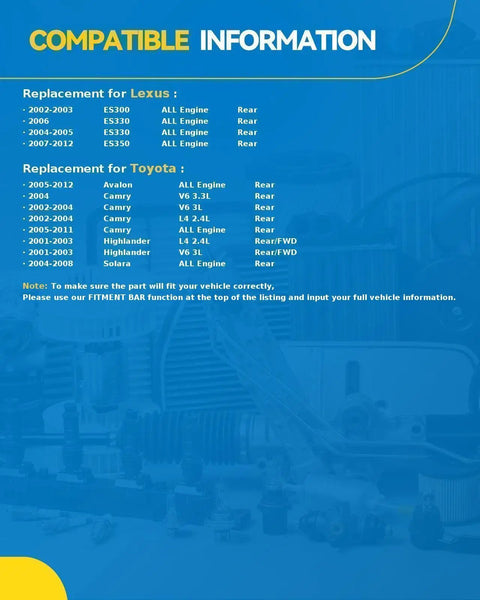 Compatibility chart for Rear Wheel Hub Bearing Assembly with ABS Sensor for Lexus and Toyota models, blue background.