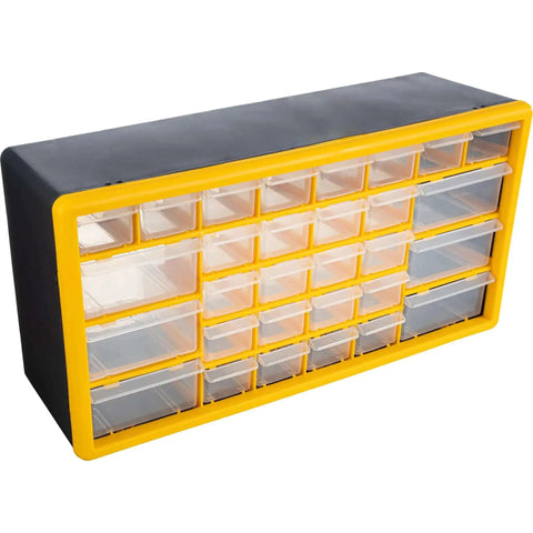 30 Drawer Plastic Small Parts Organizer Yellow Desktop Or Wall Storage For Hardware, Crafts, Garage Or Classroom Keep It Neat With Stackable Drawers And Clear Compartments front view showing clear drawers