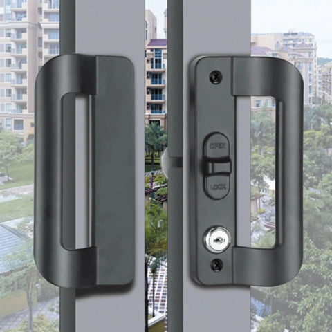 Full Replacement Sliding Door Handle Set For Five And Five Eighths Inch Hole Spacing With Mortise Lock And Key Front And Back Side Black Finish