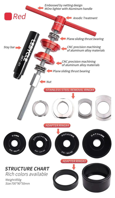 Professional Durable Bicycle Bearing Press And Removal Tool Kit For Precise Bottom Bracket Bearing Installation chart with components