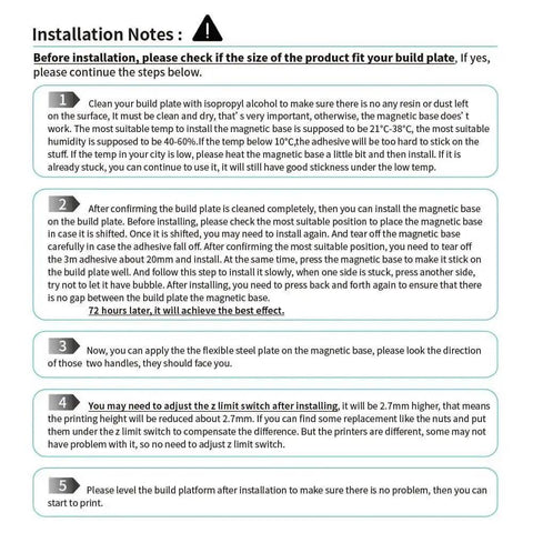 Installation guide for upgraded resin magnetic flexible steel plate bed for 3D printers, steps 1 to 5 shown