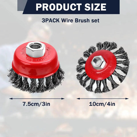 Three Pack Wire Wheel Brush Set For Angle Grinders With 0.02 Inch Carbon Steel 72A Twist Wire And Five Eighth Inch Arbor Includes Three Inch And Four Inch Wheels Up To 12500 RPM For Heavy Duty Cleaning By Mikilikien.