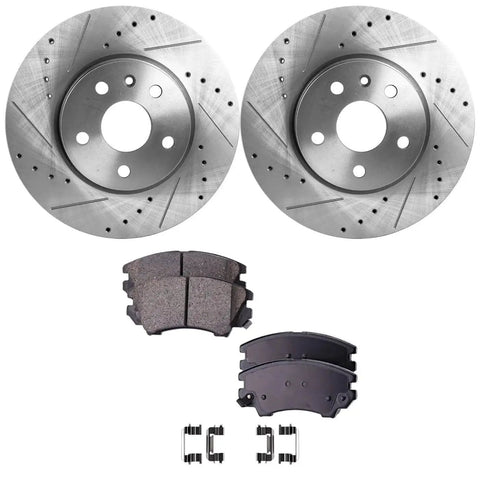 Front brake rotor and pad kit for 2010–2015 Chevrolet Camaro; two cross-drilled, slotted rotors with pads
