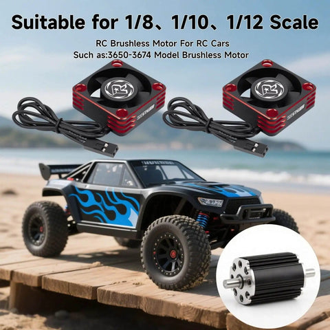 Image showing two red 2 Pack 30mm RC Motor Heatsink Cooling Fan For 1X8 1X10 1X12 Scale RC Cars next to an RC car and motor.