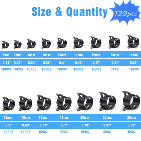 Spring band hose clamp set by PEROMI, 130pcs, 6–25mm steel clamps with swivel plier