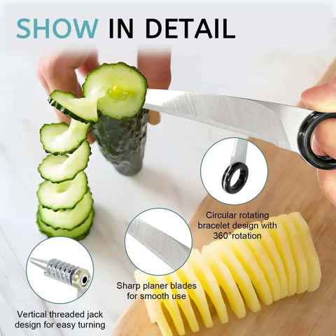 Dope Two In One Spiral Slicer And Crinkle Cutter For Veggies And Fries Stainless Steel Kitchen Tool Set slicing cucumber.