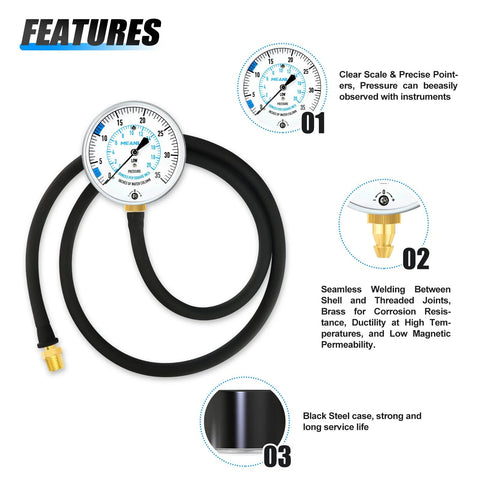Meanlin gas pressure test gauge kit with 40-in hose, 0–35 in WC, 1/8 in NPT brass fitting and barbed connection