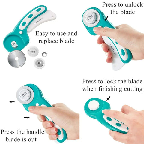 Demonstration of All In One 45mm Rotary Cutter Set For Sewing And Quilting With 5 Extra Blades showing blade unlock and lock mechanism.