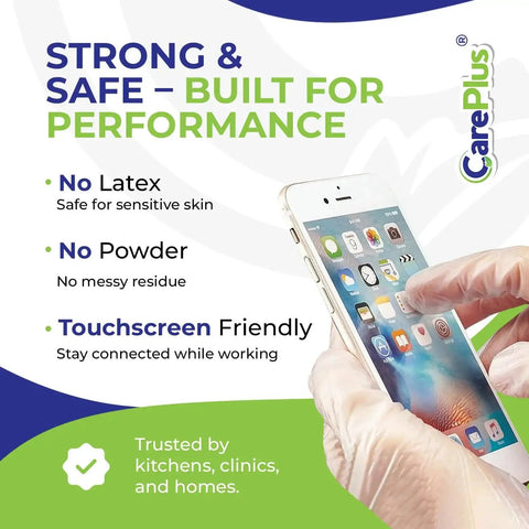 Hands wearing Latex Free Vinyl Gloves Large 100 Count Heavy Duty Powder Free For Food Prep using a smartphone touchscreen.