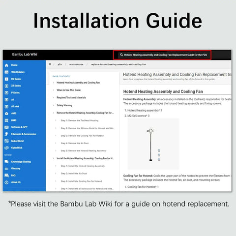 Installation guide showing steps for Hotend Heating Assembly Kit For Bambu Lab 3D Printers with Plug-And-Play Hotend setup.