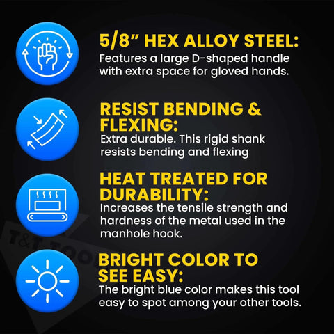 Infographic detailing features of the 30 Inch Manhole Cover Hook Tool With Five Eighths Inch Hex Alloy Steel Hook, including alloy steel, durability, and visibility.