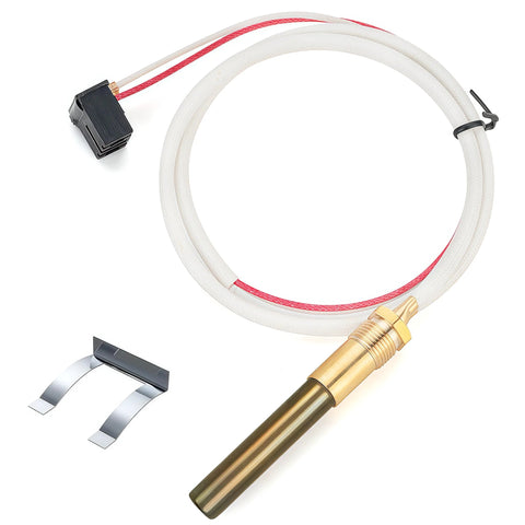 LP thermopile sensor with brass probe, white braided cable, red stripe, black connector; two mounting clips