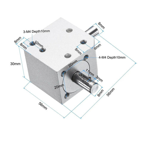 Tapered Bevel Gear Box 1 To 1 Right Angle Drive With 8mm Shafts For DIY Projects showing dimensions and aluminum frame