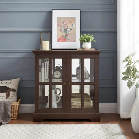 32 Inch Glass Liquor Cabinet With Seven Color LED Lights Smartphone Control in living room, dark cherry finish, decorative setup.