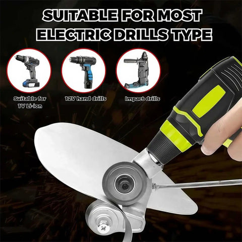 Close-up of a drill nibbler attachment cutting metal with electric drill types, showing gear driven cutter for aluminum steel projects.