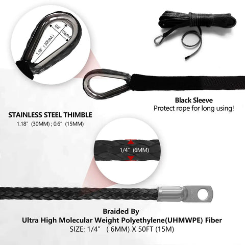 Close-up of Heavy Duty Beefy Synthetic Winch Line Rope Quarter Inch By Fifty Feet 10000 Pound Capacity With Black Protective Sleeve For ATV UTV Winches Trucks And Boats Gray with stainless steel thimble.