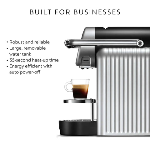 Side view of Zenius Professional Coffee Machine Starter Bundle For Businesses With Quick Startup Guide And Two Recycling Bags Biz-Friendly Office-Ready High-Volume Espresso Maker Capsule Compatible For Busy Break Rooms showing espresso cup on tray, built for businesses.