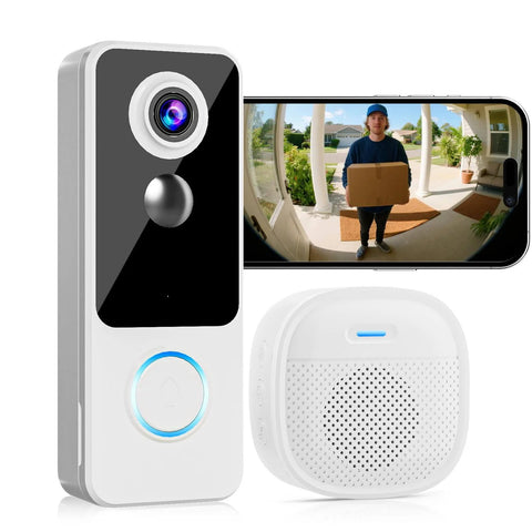 2K FHD Wireless Doorbell Camera With 180 Degree Head To Toe View No Sub Fees Battery Powered Two Way Talk Motion Alerts Smart Home Chime Works With Alexa And Google 2.4G WiFi shown with live video and chime.