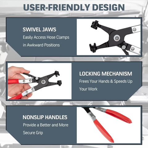 9 Piece Hose Clamp Pliers Set Long Reach Tool Kit showing swivel jaw pliers, locking mechanism, and nonslip handles