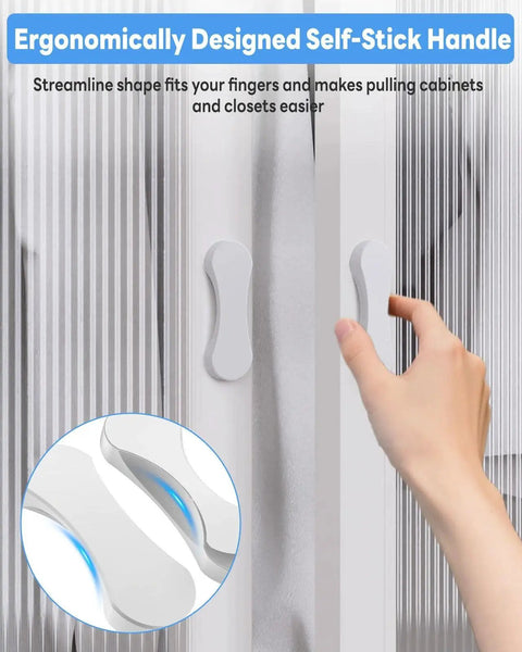 2 Pack Adhesive Cabinet Handles 3 Inch Self Stick Knobs installed on closet, ergonomic aluminum alloy design with a hand pulling