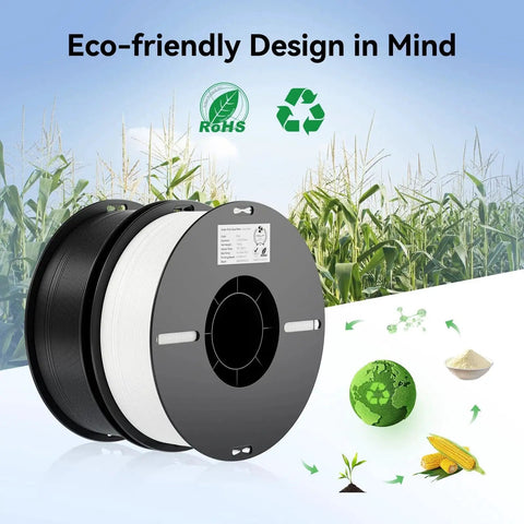 Two 1Kg PLA Filament Spools 1.75mm Black And White Bundle For 3D Printing with eco-friendly design and corn background.
