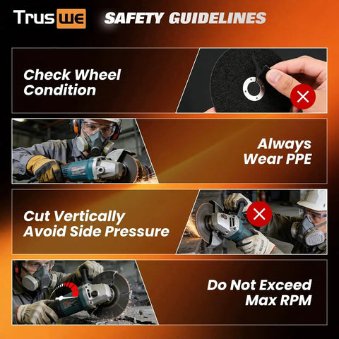 Safety guidelines for using Ultra Thin Cut Off Wheels 52 Pack for 4-1/2 Inch Angle Grinders.045 Inch Thick Cutting Discs