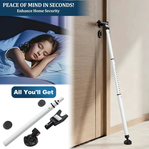 Three In One Door Security Bar With Heavy Duty Metal, Adjustable From Sixteen To Forty One Point Seven Inches, Sliding Patio Door Lock Stick With Two Point Eight Inch Non Slip Base, Portable Home, Apartment And Travel Safety Lock For Doors And Windows positioned against a door