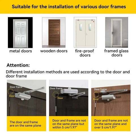 Installation options for Heavy Duty Automatic Door Closer with Spring Hydraulic Action, suitable for various door frames.
