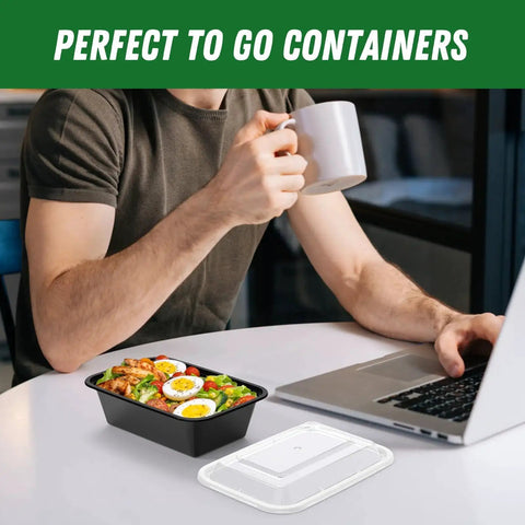 Fifty Pack Of Hundred Piece 24 Oz Meal Prep Containers With Lids Reusable Durable Leakproof And Food Safe on table with food