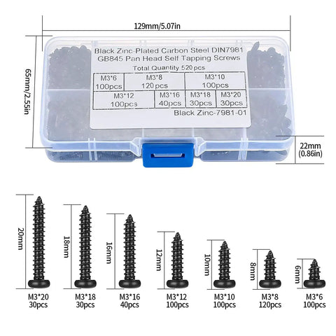 M3 Self Tapping Wood Screws Set, Zinc Plated Carbon Steel Pan Head Phillips Screws For Wood Plastic And Soft Metal, 520 Pieces, M3x6mm To M3x20mm