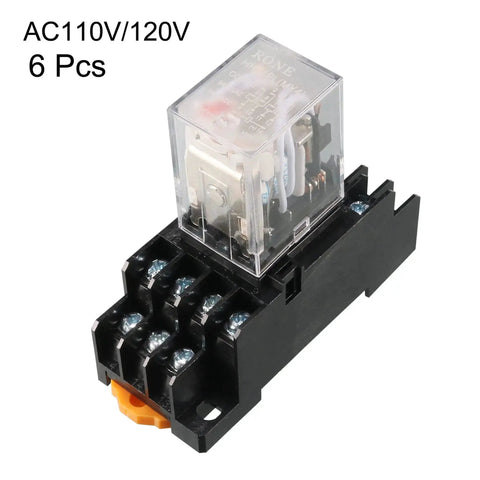 Six Pack AC 110V And 120V 4PDT DIN Rail Power Relay With Socket Set, 14 Terminals, 35mm Mount, Red Indicator, Plastic Shell