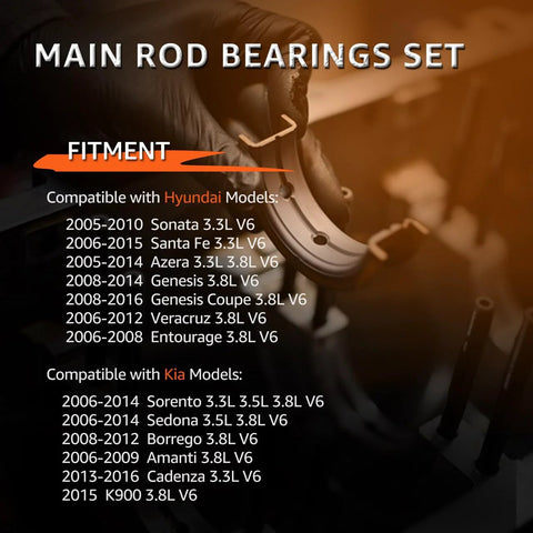Beefed Up Main And Rod Bearing Set Replacement Kit For Hyundai And Kia 3.3L 3.5L 3.8L V6 DOHC 24V Engines Fits 2006-2016 Models