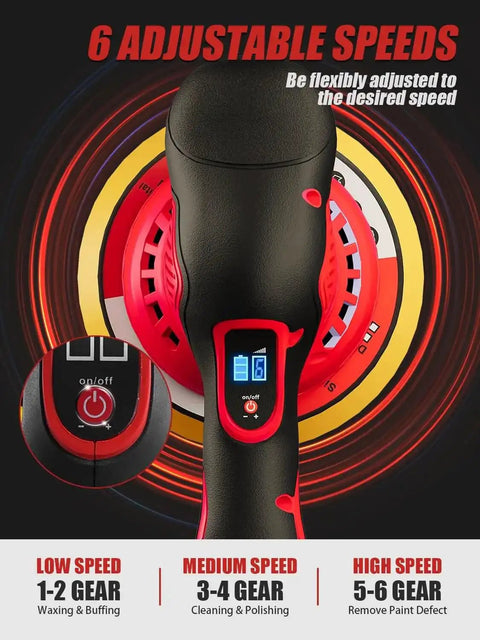 Cordless Car Polisher And Orbital Buffer For Detailing With Six Variable Speeds Up To 5500 RPM No Battery Included Compatible With 18V Batteries showing speed settings