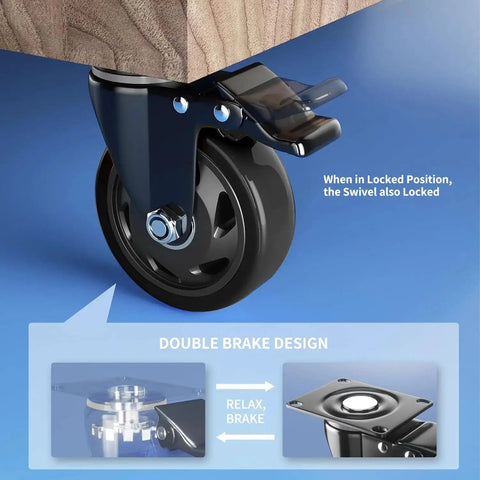 Close-up of a 4-inch swivel caster wheel with brake and top-plate mount, black wheel