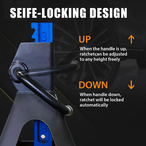 Detailed view of the self-locking mechanism on 3 Ton Heavy Duty Car Jack Stands Set With Adjustable Height From 11.22 To 16.77 Inches For Lifting SUVs Small Trucks And Pickups Up To 6,000 Lb Each For Safe Automotive Maintenance, showing instructions for adjusting and locking handle position with arrows.