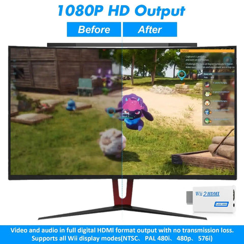 Comparison of game graphics on HDTV with Wii Wired Sensor Bar And HDMI Adapter Bundle for Nintendo Wii before and after installation.