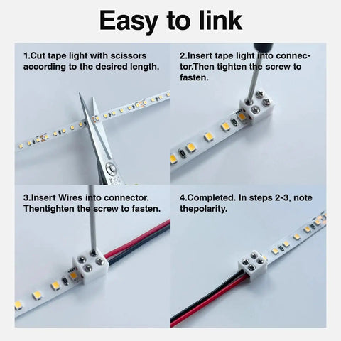 Instruction steps for using 30 Pack Solderless LED Tape Light Connectors With Screw Terminal Blocks 2 Pin 10mm.