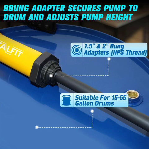 Lever Action Drum Pump for 55 Gallon Drums Fuels Chemicals Corrosives with bung adapter shown on blue drum