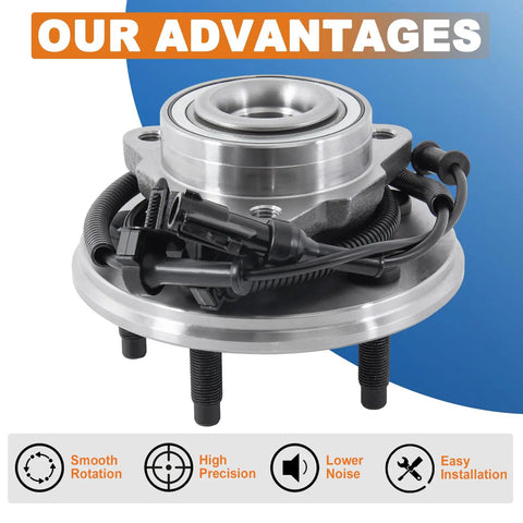Pair Drop-In Front Wheel Hub Bearing Assembly With ABS Sensor For 2002-2005 Ford Explorer, 2003-2005 Lincoln Aviator, And 2002-2005 Mercury Mountaineer, 5 Lug, Direct-Fit Replacement, shown with advantages highlighted and ABS sensor wiring visible.