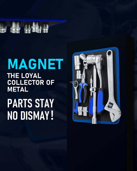 Magnetic Tool Mat Set With Four Magnetic Pads, 40 Pound Capacity, Telescoping Magnetic Pickup Tool And 360 Degree Inspection Mirror, organizer with tools visible