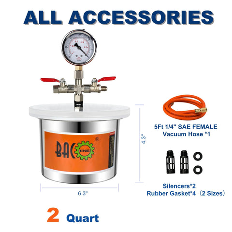 BACOENG 2-Quart stainless vacuum chamber with red handles; includes 5ft SAE vacuum hose, silencers and gaskets.