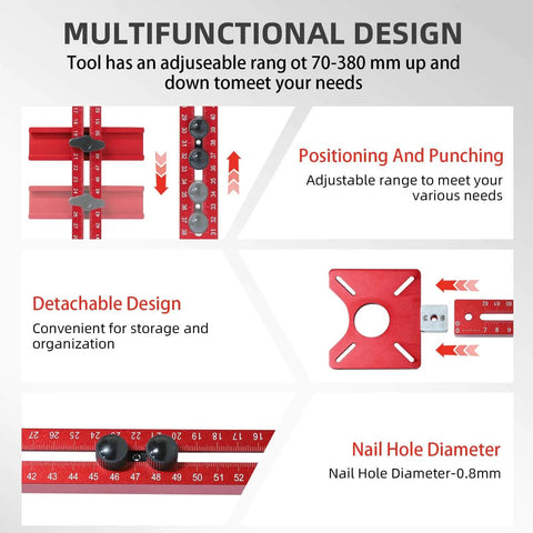 Multifunctional design of 4-in-1 tool showing adjustable range, positioning and punching, suitable for precise woodworking tasks.