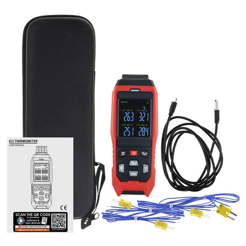 4-channel K-type thermocouple thermometer data logger in red handheld unit with blue LCD, with probes and case.