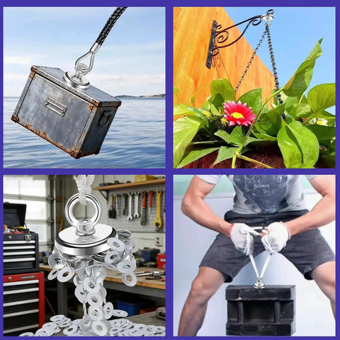 Four images of Six Pack Neodymium Fishing Magnets 100 Lb Pull For River Retrieval used in various scenarios, including lifting metal and supporting plants.