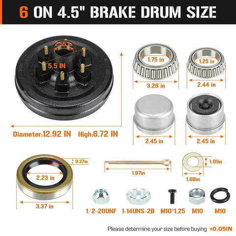 Amazon 6-on-4.5-inch brake drum kit with left/right self-adjusting electric brake components; includes bearings, seals, cotter pin, and nuts.