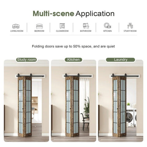 Preassembled Bifold Barn Door Set 32 by 84 Inches With Double 16 by 84 Panels Solid Wood and Grid Glass Includes Hardware Kit