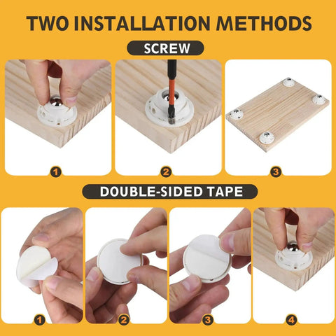 Installation guide for Self Adhesive 1 Inch Mini Swivel Caster Wheels 4 Pack for Furniture with screw and tape methods.