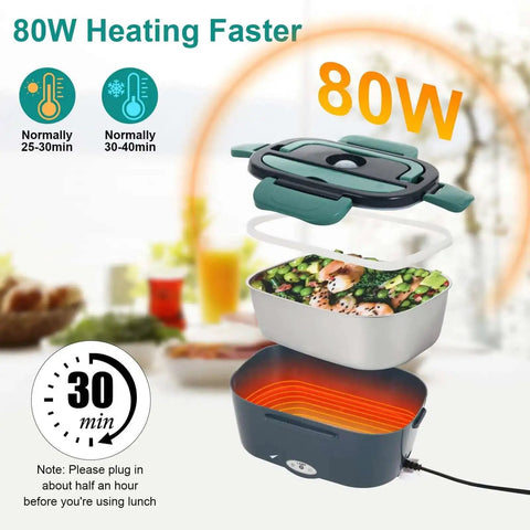 Exploded view of green Electric Lunch Box Food Heater On The Go Car And Truck Warmer, 80W, 12V 24V 110V, showing stainless steel container.